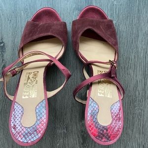 Salvadore Ferragamo Burgundy Velvet sandals, barely wear